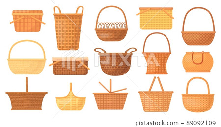 Cartoon handmade baskets. Wicker rattan picnic basket, bamboo weave empty bag for lunch or gift easter, straw hamper, rural wooden handle basketry, cartoon neat vector illustration 89092109