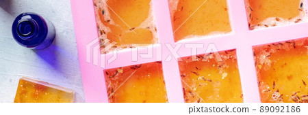 Handmade soap making. Diy glycerin based soap drying in a mold Handmade soap making. Diy glycerin based soap drying in a mold 89092186