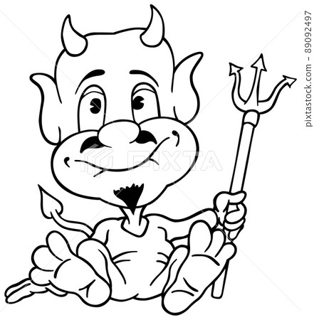 Drawing of a Sitting Devil with a Trident 89092497
