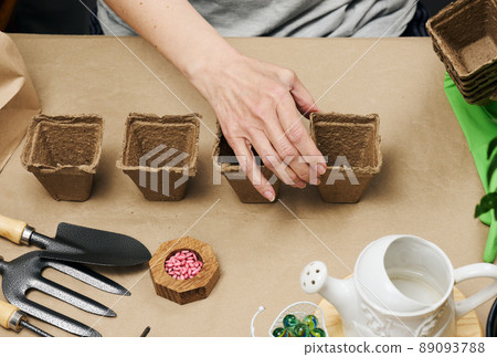 Woman at home holding paper cups for planting plants and vegetables. Hobby and leisure Woman at home holding paper cups for planting plants and vegetables. Hobby and leisure 89093788
