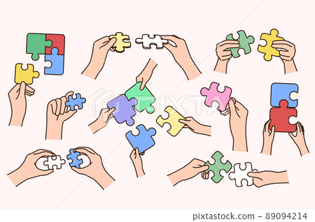 Set of person holding jigsaw puzzles connecting pieces  89094214