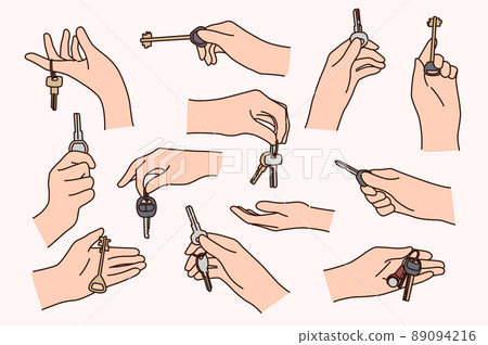 Set of people holding keys to home or cars 89094216