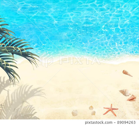 Beautiful frame illustration material with shells and palms on the beach of summer sand and emerald green sea seen from above Beautiful frame illustration material with shells and palms on the beach of summer sand and emerald green sea seen from above 89094263