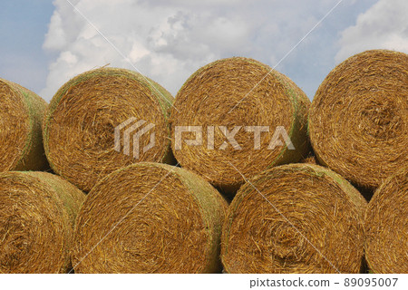 stack of straw bales - close up view of round straw bales stacked on top of each other stack of straw bales - close up view of round straw bales stacked on top of each other 89095007