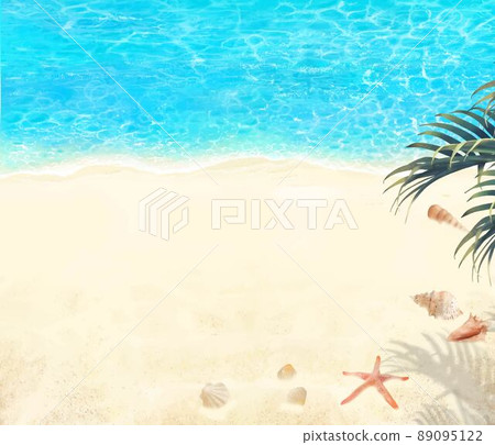 Beautiful frame illustration material with shells and palms on the beach of summer sand and emerald green sea seen from above 89095122