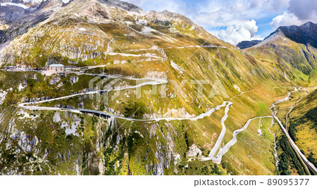 Zig-zag road to Furka Pass in the Swiss Alps 89095377