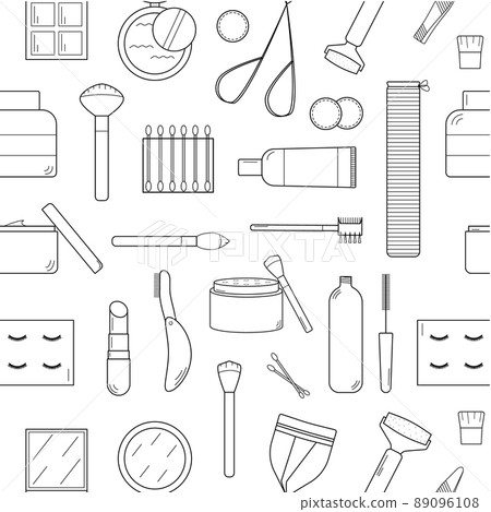 Hand drawn seamless pattern with elements with elements of cosmetics. Doodle style. Vector Hand drawn seamless pattern with elements with elements of cosmetics. Doodle style. Vector 89096108