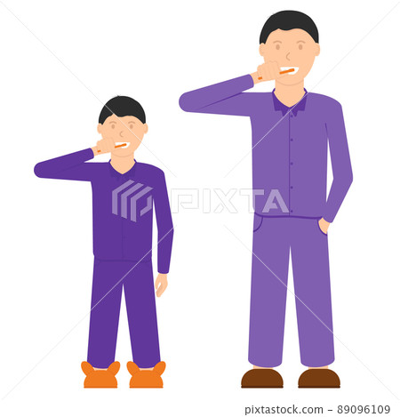 Father and son brush their teeth together. Good example of parents in the observance of oral hygiene. Cartoon. Vector. Father and son brush their teeth together. Good example of parents in the observance of oral hygiene. Cartoon. Vector. 89096109