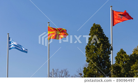 Greece North Macedonia Albania Flags Greece North Macedonia Albania Flags 89096497