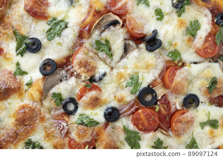 Macro shot of Italian pizza with mozzarella Macro shot of Italian pizza with mozzarella 89097124