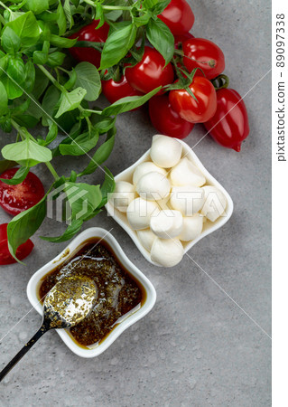 Mozzarella cheese with basil, pesto sauce, and tomatoes. Mozzarella cheese with basil, pesto sauce, and tomatoes. 89097338