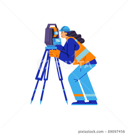 Woman surveyor character watching in special equipment on tripod, flat style 89097456