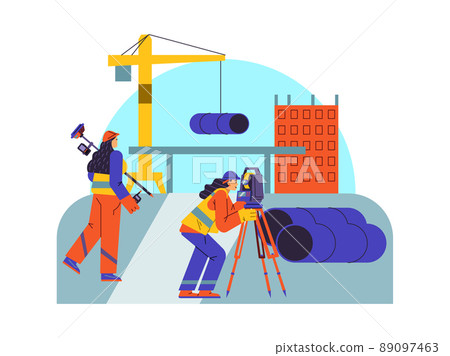 Woman characters do surveyor works with special equipment at construction flat style Woman characters do surveyor works with special equipment at construction flat style 89097463