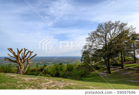 Leith Hill, Surrey, UK: Viewpoint at the summit of Leith Hill looking south over the countryside of Surrey and Sussex. Part of the Surrey Hills Area of Outstanding Natural Beauty. Leith Hill, Surrey, UK: Viewpoint at the summit of Leith Hill looking south over the countryside of Surrey and Sussex. Part of the Surrey Hills Area of Outstanding Natural Beauty. 89097686
