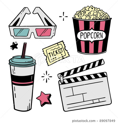 Movie theater set of elements hand-drawn line for festivals and holidays Vector illustration in the style of doodle isolated on a white background 89097849