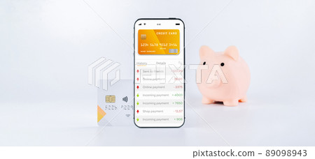 Online payment. Mobile phone with internet online bank app. Pig bank with credit card on white background. Online wallet save money. Online payment. Mobile phone with internet online bank app. Pig bank with credit card on white background. Online wallet save money. 89098943