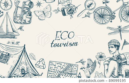 Eco tourism Poster or banner.. Eco friendly tourism. Tourist with backpack and tent. Wild nature Eco tourism Poster or banner.. Eco friendly tourism. Tourist with backpack and tent. Wild nature 89099195