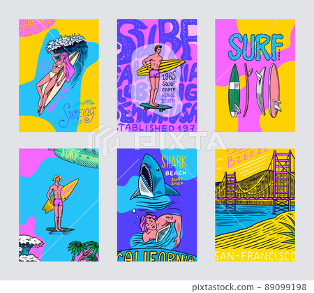 Surf Poster or banner. Retro Wave and palm. Summer California pins set. Man on the surfboard, beach Surf Poster or banner. Retro Wave and palm. Summer California pins set. Man on the surfboard, beach 89099198