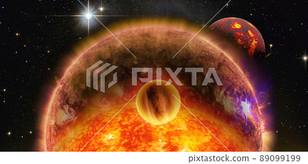 Alien planetary system with sun in outer space, sci fi abstract background. Elements of this image furnished by NASA.  89099199