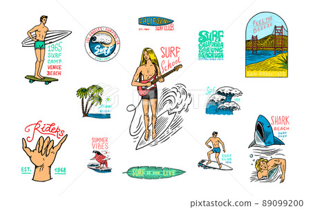 Surf badge. Retro Wave and palm. Summer California pins set. Man on the surfboard, beach and sea 89099200