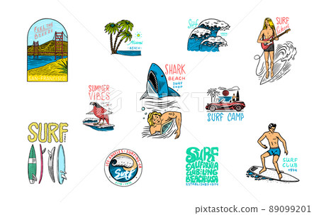 Surf badge. Retro Wave and palm. Summer California pins set. Man on the surfboard, beach and sea 89099201