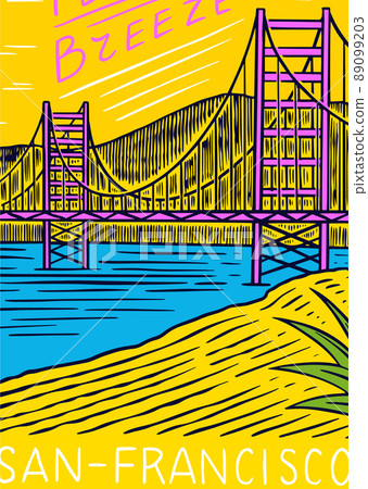 San Francisco city Poster or banner. Retro Wave and palm. Summer pin. Engraved emblem or logo hand San Francisco city Poster or banner. Retro Wave and palm. Summer pin. Engraved emblem or logo hand 89099203