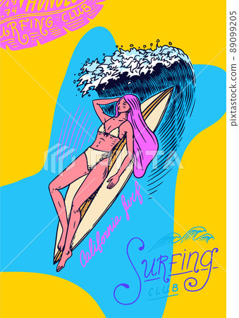Surf Poster or banner. The girl lies on the board floating on the sea wave. Summer California pins Surf Poster or banner. The girl lies on the board floating on the sea wave. Summer California pins 89099205