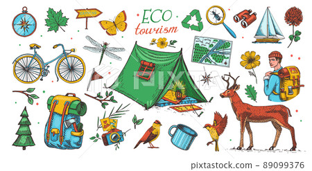 Eco tourism set. Eco friendly tourism. Tourist with backpack and tent. Wild nature. Bicycle, map Eco tourism set. Eco friendly tourism. Tourist with backpack and tent. Wild nature. Bicycle, map 89099376