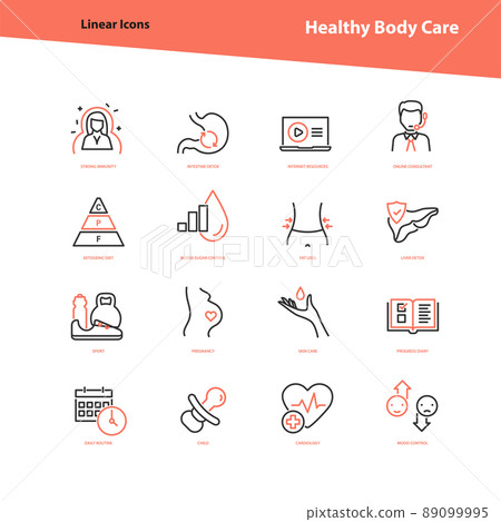 Healthcare linear vector icons collection. Isolated thin line pictograms of body and medical care 89099995