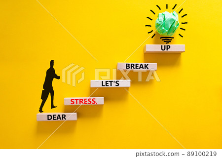 Stress break up symbol. Concept words Dear stress let is break up on wooden blocks. Businessman icon. Beautiful yellow table and background. Business motivational stress break up concept. Copy space. Stress break up symbol. Concept words Dear stress let is break up on wooden blocks. Businessman icon. Beautiful yellow table and background. Business motivational stress break up concept. Copy space. 89100219