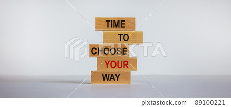 Concept of building success foundation. Wooden blocks on the stack of wooden blocks. Text 'time to choose your way'. Beautiful white background, copy space. Concept of building success foundation. Wooden blocks on the stack of wooden blocks. Text 'time to choose your way'. Beautiful white background, copy space. 89100221