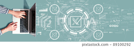 Checklist concept with person using a laptop Checklist concept with person using a laptop 89100292