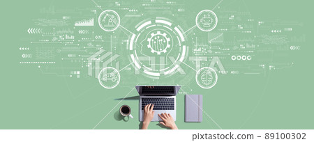Future technology concept with person working with laptop Future technology concept with person working with laptop 89100302
