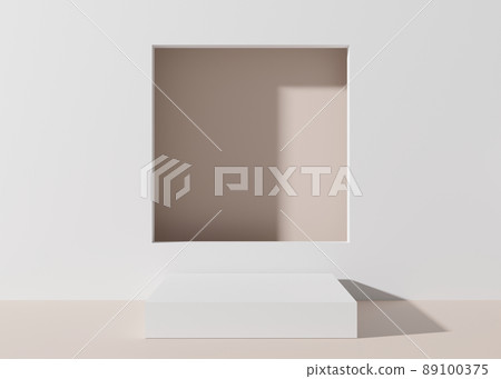 Podium for product, cosmetic presentation. Light cream, sand colors. Mock up. Pedestal or platform for beauty products. Empty scene. 3D rendering. 89100375