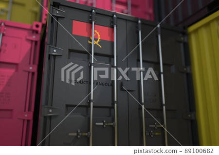Goods from Angola in cargo container and printed national flag. Business related 3D rendering Goods from Angola in cargo container and printed national flag. Business related 3D rendering 89100682