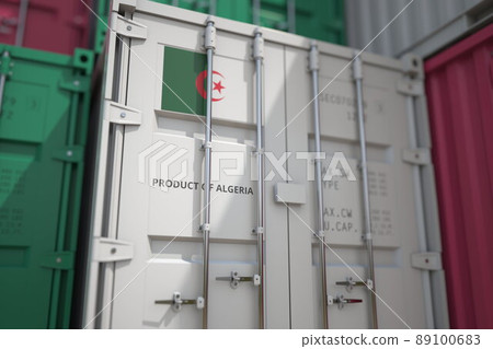 Shipping container with goods from Algeria and printed national flag. Production related 3D rendering Shipping container with goods from Algeria and printed national flag. Production related 3D rendering 89100683