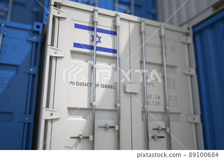Goods from Israel in cargo container and printed national flag. Business related 3D rendering Goods from Israel in cargo container and printed national flag. Business related 3D rendering 89100684