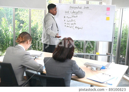 A male flight attendant explaining to a colleague at his workplace. A male flight attendant explaining to a colleague at his workplace. 89100823