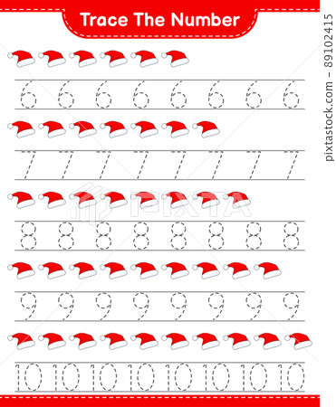 Trace the number. Tracing number with Santa Hat. Educational children game, printable worksheet, vector illustration 89102415