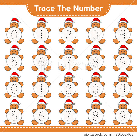 Trace the number. Tracing number with Gingerbread Man. Educational children game, printable worksheet, vector illustration Trace the number. Tracing number with Gingerbread Man. Educational children game, printable worksheet, vector illustration 89102463