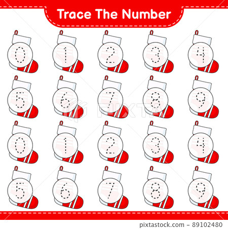 Trace the number. Tracing number with Christmas Sock. Educational children game, printable worksheet, vector illustration Trace the number. Tracing number with Christmas Sock. Educational children game, printable worksheet, vector illustration 89102480