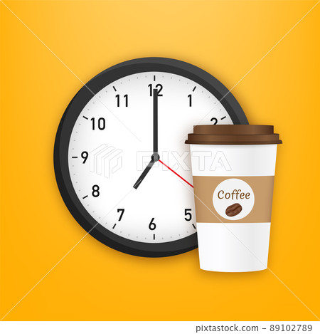 Coffee cup time clock. Coffee with the watch. Vector stock illustration. 89102789