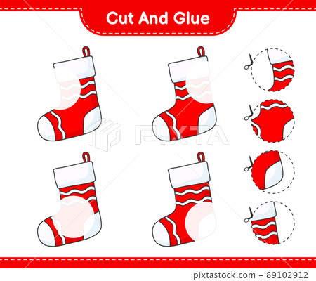 Cut and glue, cut parts of Christmas Sock and glue them. Educational children game, printable worksheet, vector illustration Cut and glue, cut parts of Christmas Sock and glue them. Educational children game, printable worksheet, vector illustration 89102912