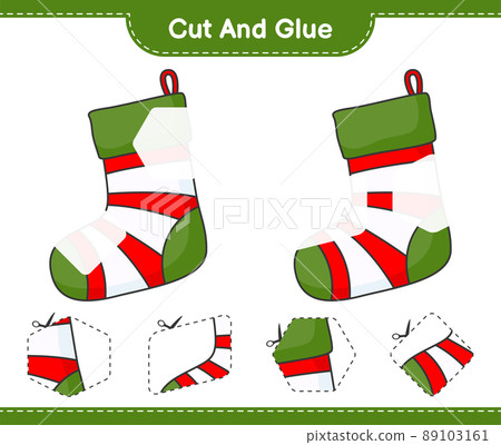 Cut and glue, cut parts of Christmas Sock and glue them. Educational children game, printable worksheet, vector illustration Cut and glue, cut parts of Christmas Sock and glue them. Educational children game, printable worksheet, vector illustration 89103161