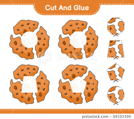 Cut and glue, cut parts of Cookie and glue them. Educational children game, printable worksheet, vector illustration Cut and glue, cut parts of Cookie and glue them. Educational children game, printable worksheet, vector illustration 89103399