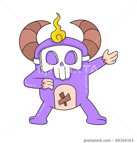 Buffalo horned monster with a skull mask in the style of a hero, doodle icon image kawaii 89104163