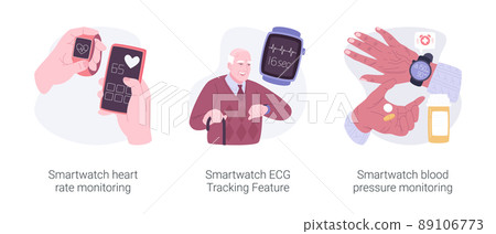 Smartwatch healthcare features isolated cartoon vector illustrations set. Smartwatch healthcare features isolated cartoon vector illustrations set. 89106773