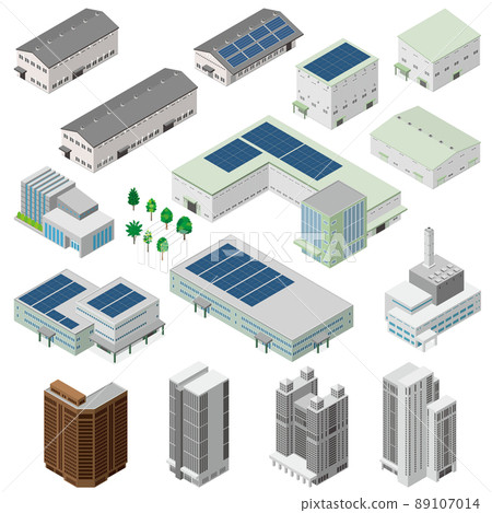 Three-dimensional illustrations of various buildings. Exterior of the building. 89107014