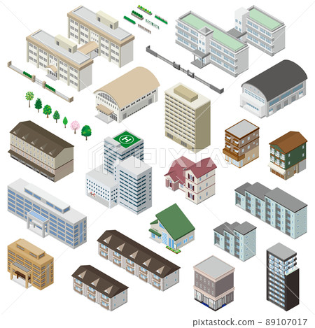 各種建築物的三維插圖。建築物的外部。 89107017