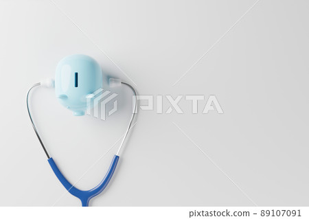 Top view of medical stethoscope and piggy bank on white background Top view of medical stethoscope and piggy bank on white background 89107091